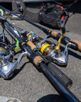 Bottom view of four fishing poles.