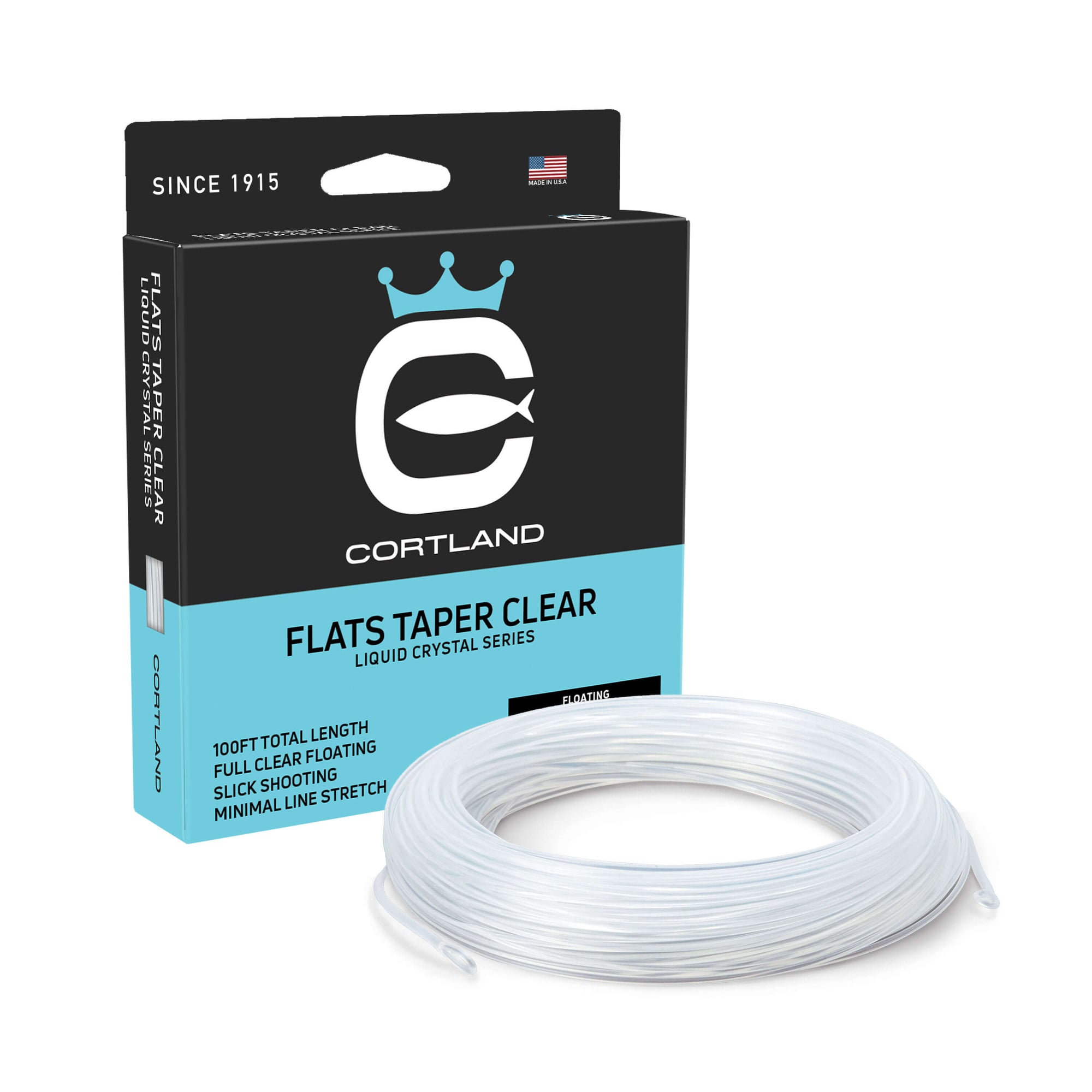 Flats Taper Clear Fly Line Box and Coil. The coil is clear. The box is light blue at the bottom and black at the top.