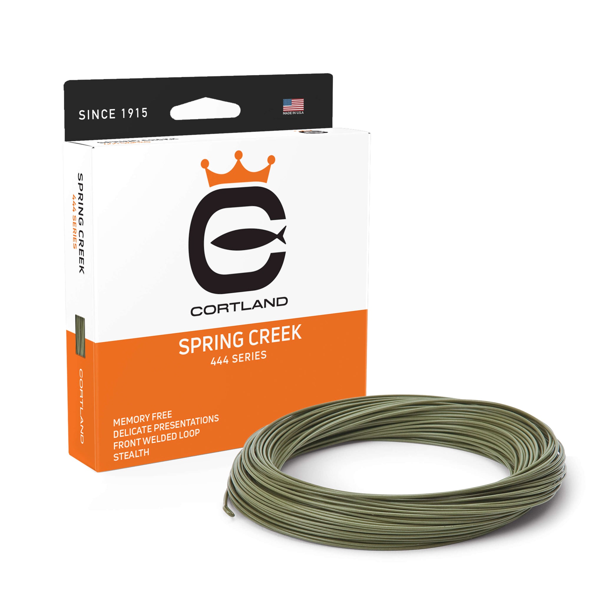 Spring Creek Fly Line and Box. The coil is olive color. The box has the Cortland logo and is white and orange.