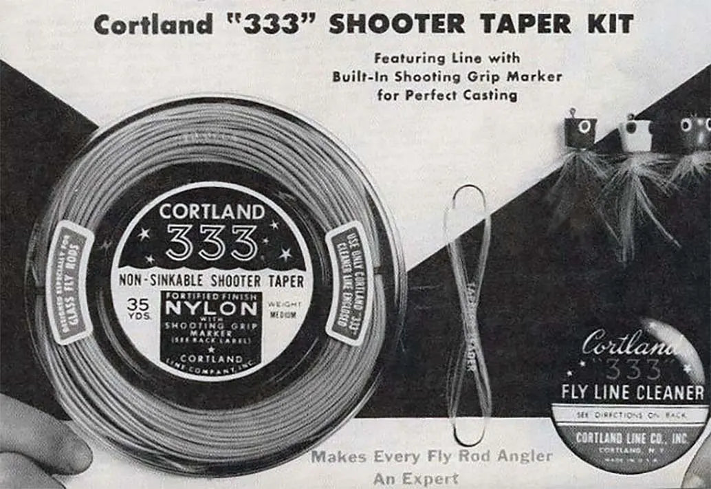 Cortland 333 Shooter Taper Kit with fly line and cleaner on a black and white background