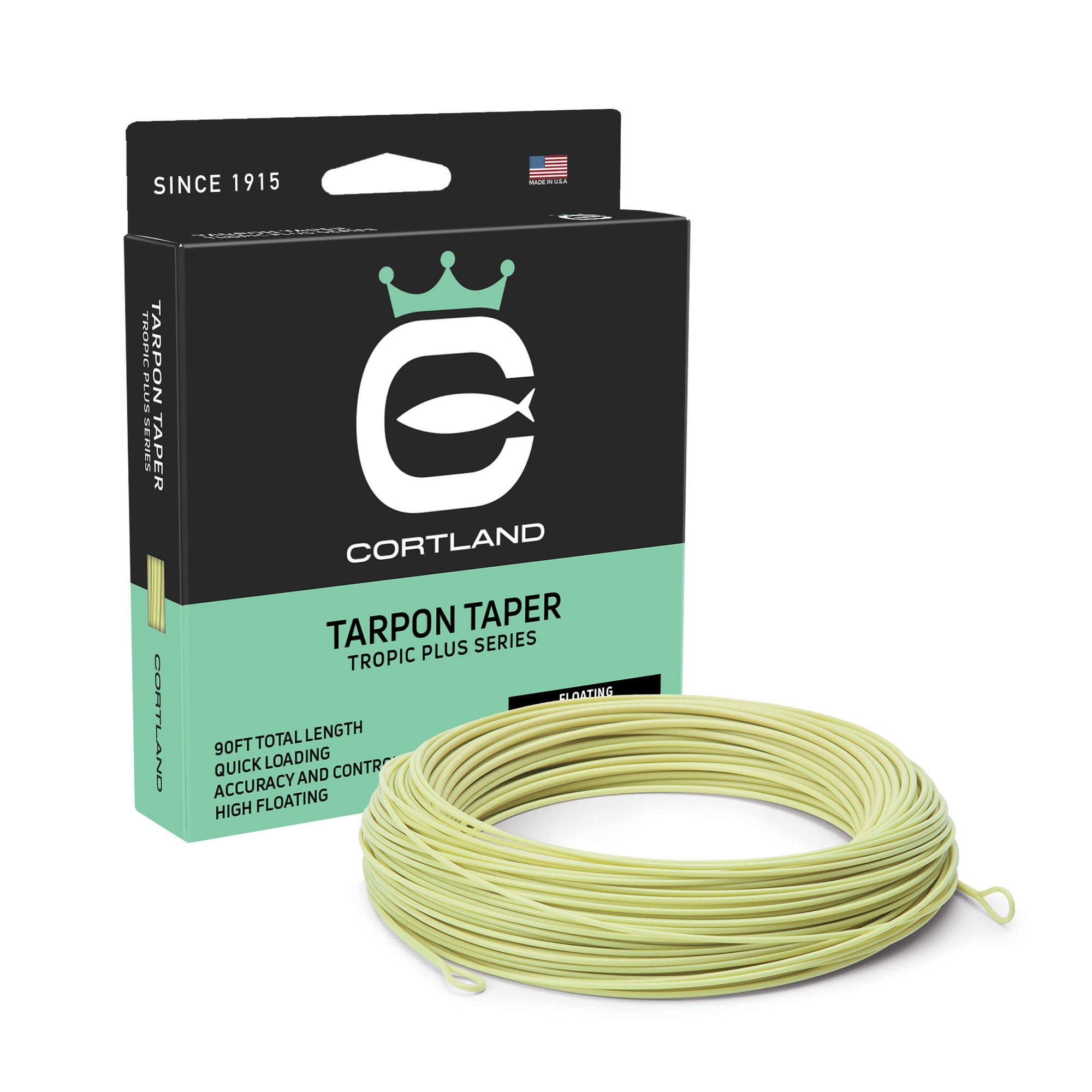 Tarpon Taper Fly Line Box and coil. The coil is aqua green. The box is black at the top and light green at the bottom. 