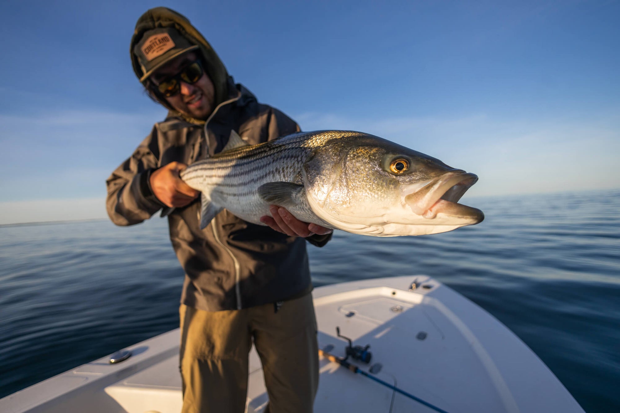 An angler is standing on a boat and holding onto a fish. 